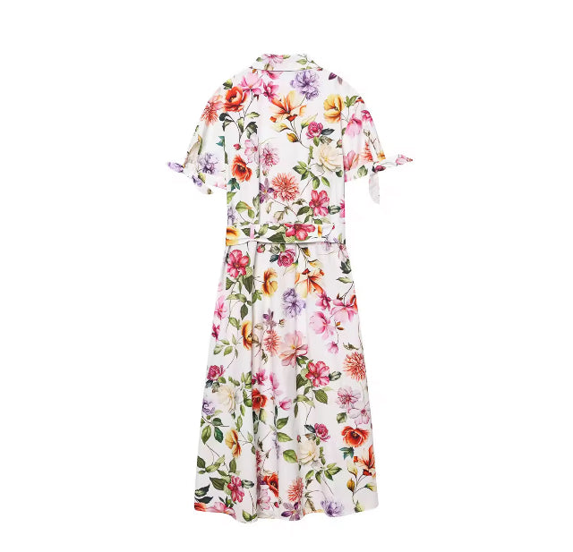 Printed Short Sleeve Flip Tie Belt Temperament Summer New Dress Summer New Style Women's Dress Fashionable Dress