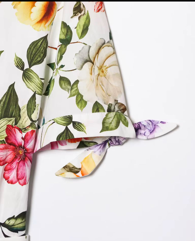 Printed Short Sleeve Flip Tie Belt Temperament Summer New Dress Summer New Style Women's Dress Fashionable Dress