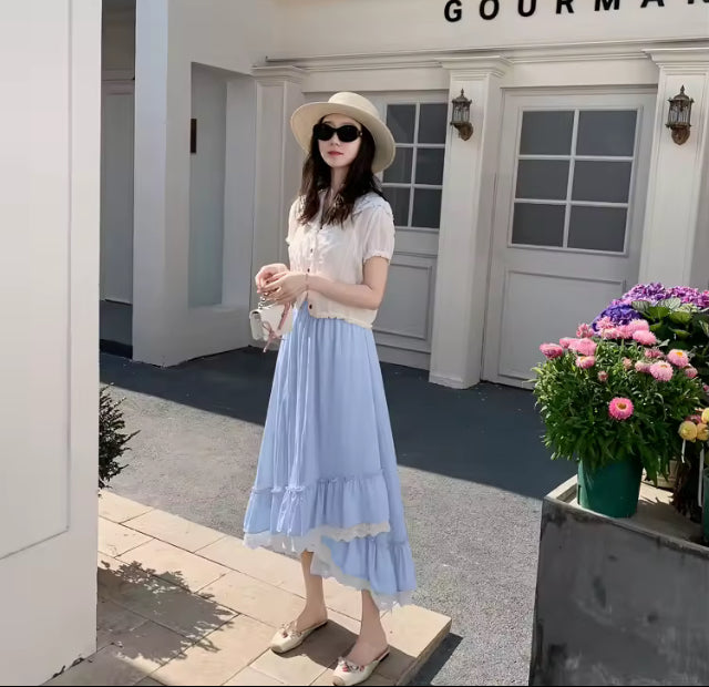 Grace- Elegant semi high low maxi skirt with ruffled trim