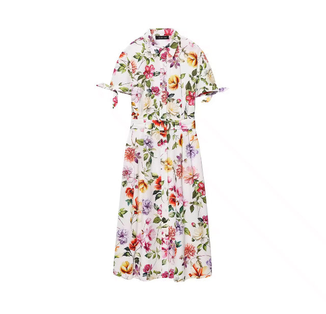 Printed Short Sleeve Flip Tie Belt Temperament Summer New Dress Summer New Style Women's Dress Fashionable Dress