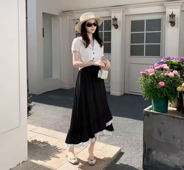 Grace- Elegant semi high low maxi skirt with ruffled trim