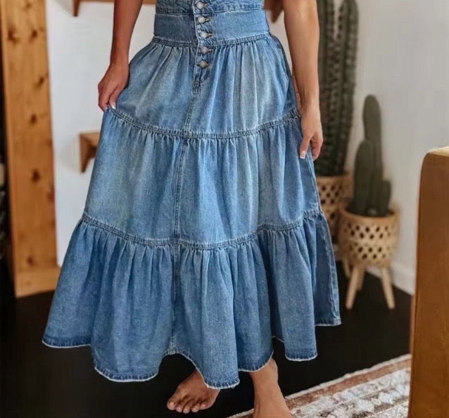 Women’s layered denim maxi skirt