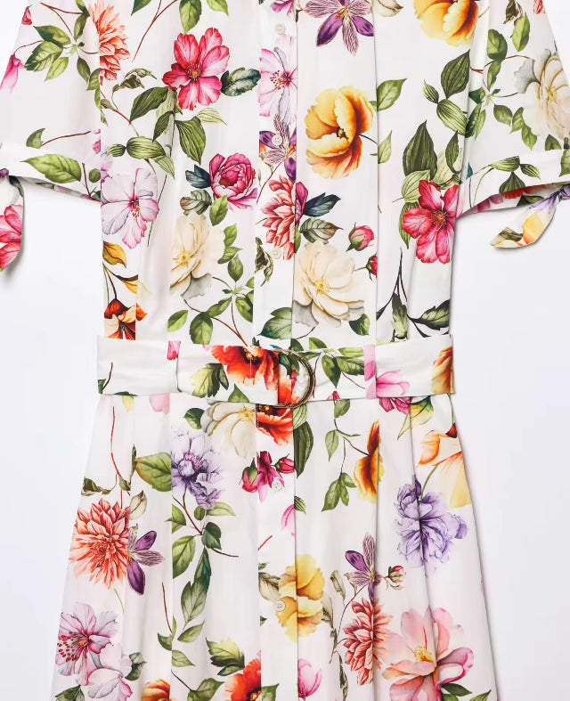 Printed Short Sleeve Flip Tie Belt Temperament Summer New Dress Summer New Style Women's Dress Fashionable Dress
