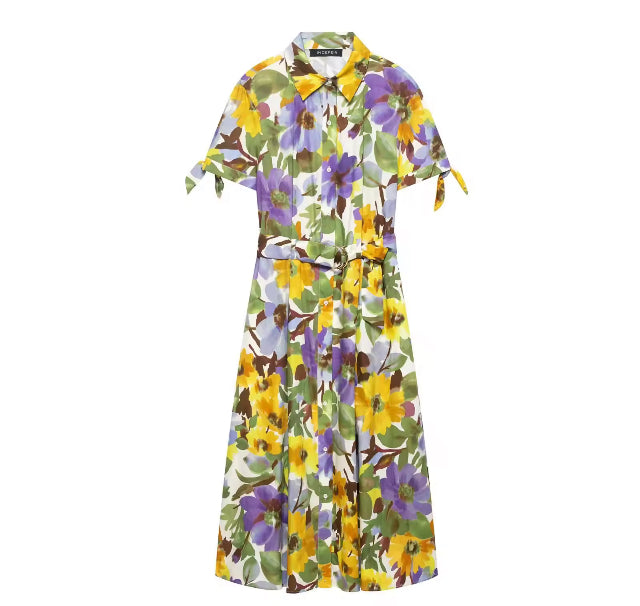 Printed Short Sleeve Flip Tie Belt Temperament Summer New Dress Summer New Style Women's Dress Fashionable Dress