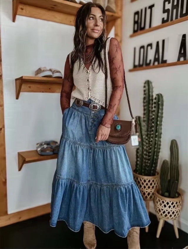 Women’s layered denim maxi skirt