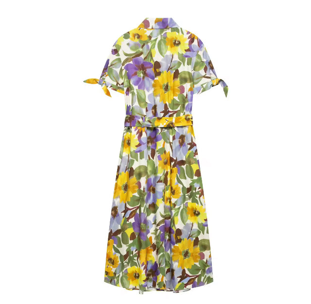 Printed Short Sleeve Flip Tie Belt Temperament Summer New Dress Summer New Style Women's Dress Fashionable Dress