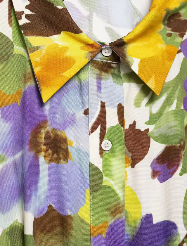 Printed Short Sleeve Flip Tie Belt Temperament Summer New Dress Summer New Style Women's Dress Fashionable Dress