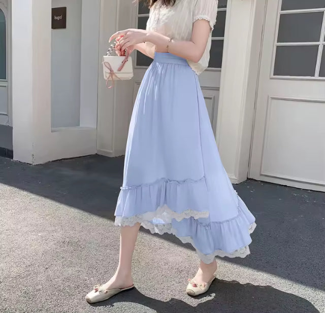 Grace- Elegant semi high low maxi skirt with ruffled trim