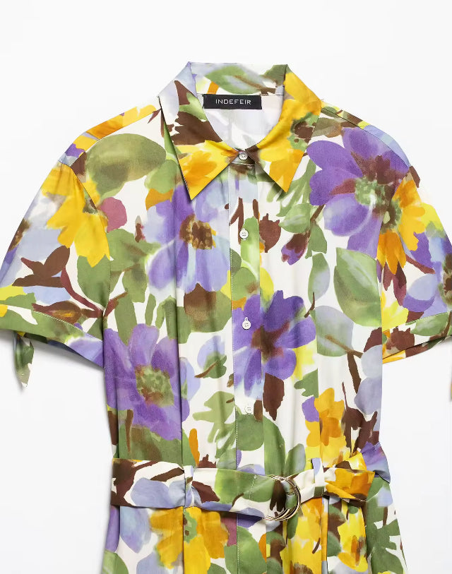 Printed Short Sleeve Flip Tie Belt Temperament Summer New Dress Summer New Style Women's Dress Fashionable Dress