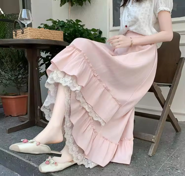 Grace- Elegant semi high low maxi skirt with ruffled trim