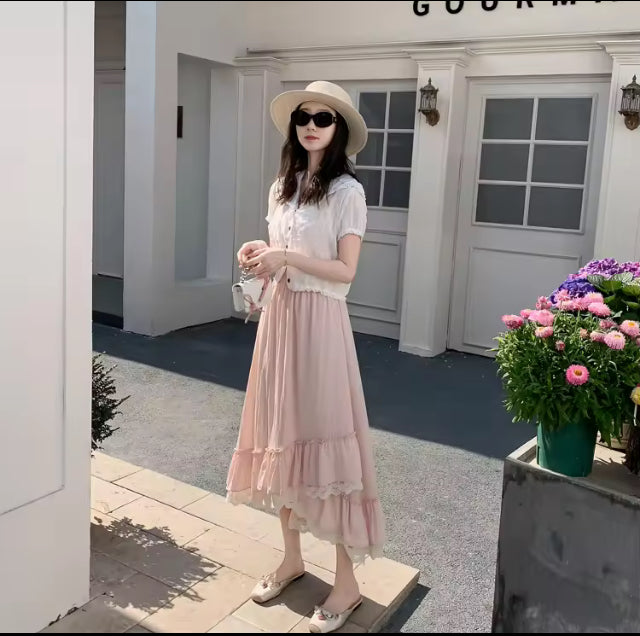 Grace- Elegant semi high low maxi skirt with ruffled trim