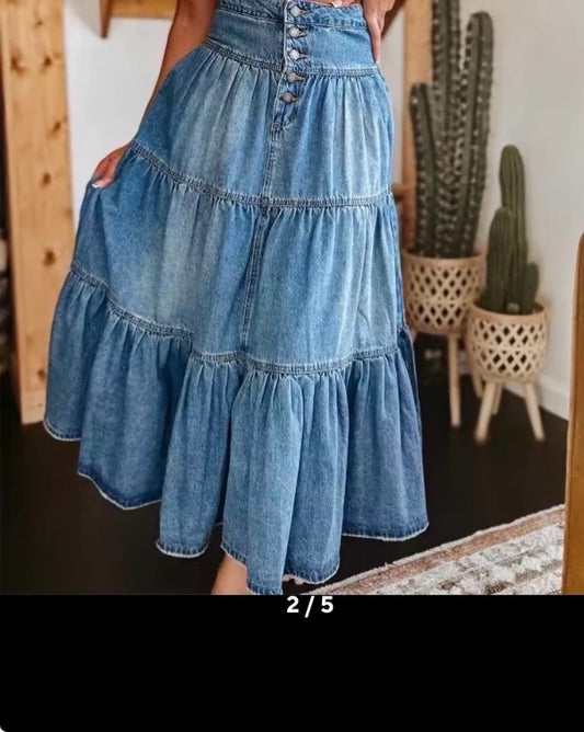 Women’s layered denim maxi skirt
