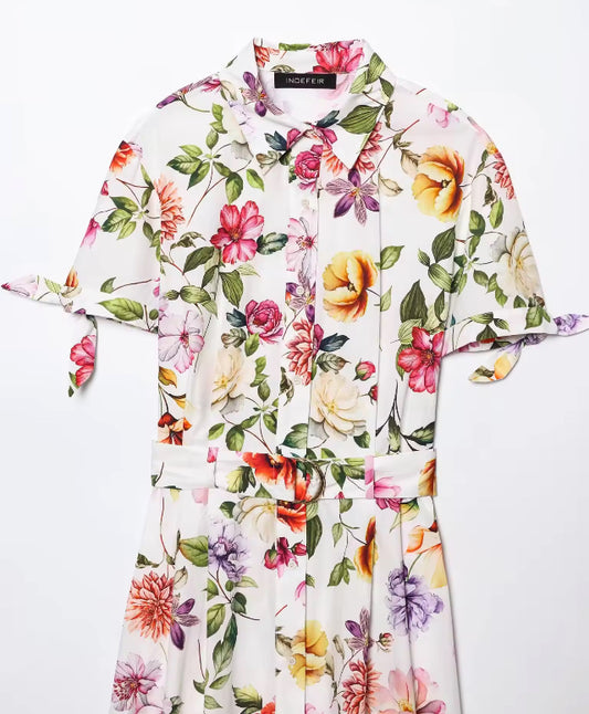 Printed Short Sleeve Flip Tie Belt Temperament Summer New Dress Summer New Style Women's Dress Fashionable Dress
