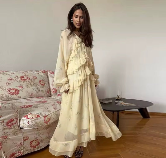 Frilly Maxi Dress - V-neck Ruffle A-line Dress in soft yellow with long sleeves and floral accents, ideal for early autumn fashion styling.