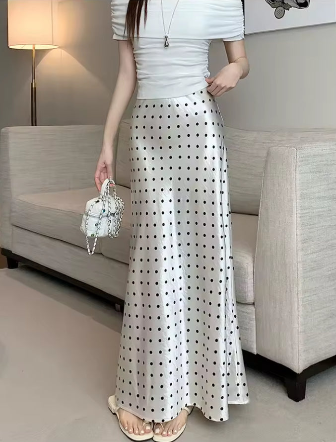 Polka Dot High Waisted Satin Skirt - The Luke