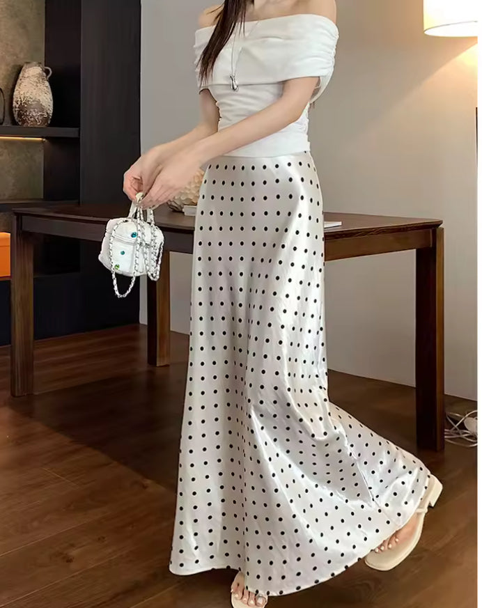 Polka Dot High Waisted Satin Skirt - The Luke