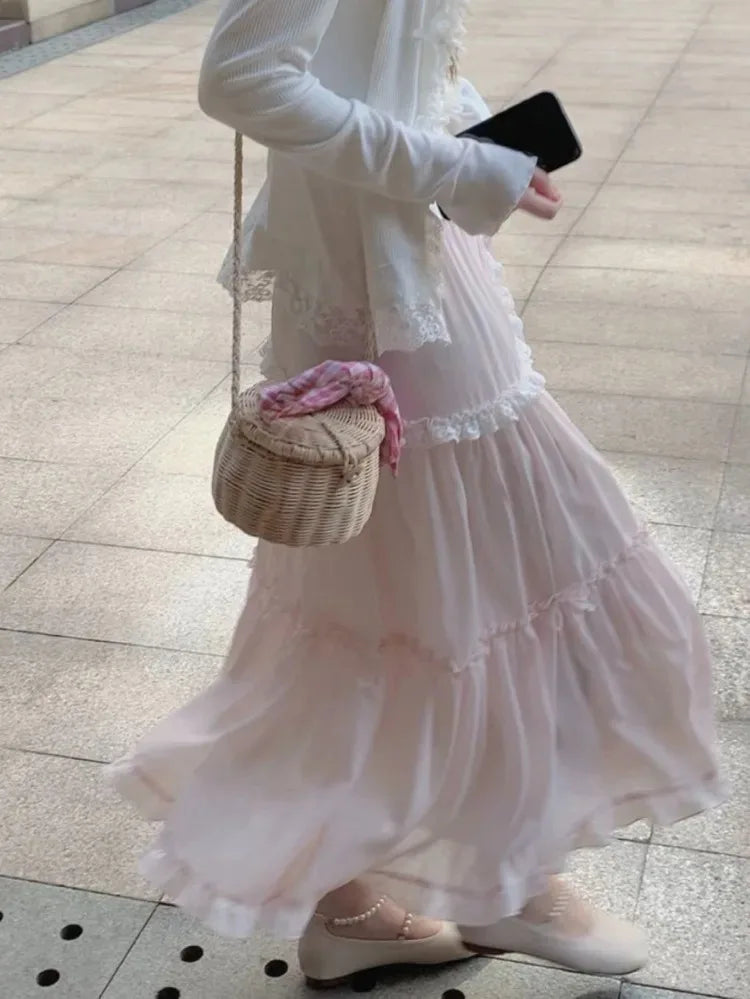 Sweet Skirts Women Bowknot Lace Patchwork Stretch High Waist Spring 2025 Fashion Elegant Long Skirt Female Casual