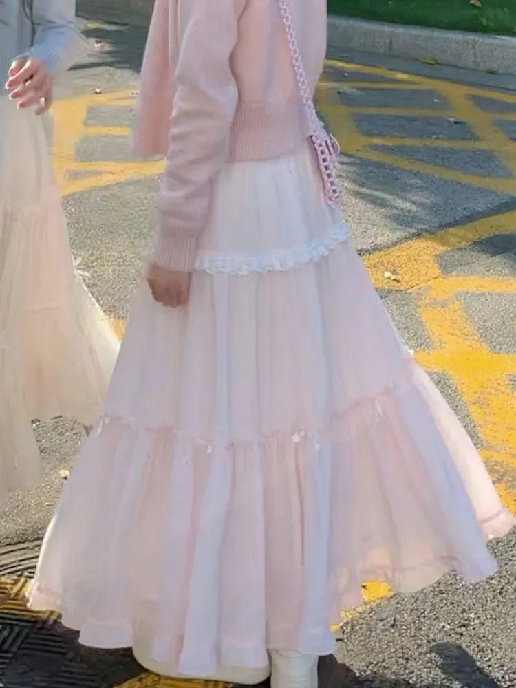 GRACE- Skirts Women Bowknot Lace Patchwork Stretch High Waist Spring Fashion Elegant Long Skirt Female Casual