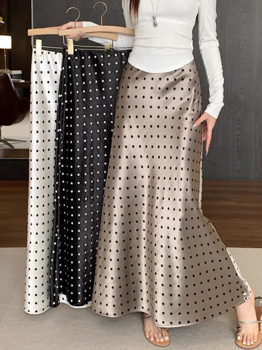 Polka Dot High Waisted Satin Maxi Skirt- The Luke