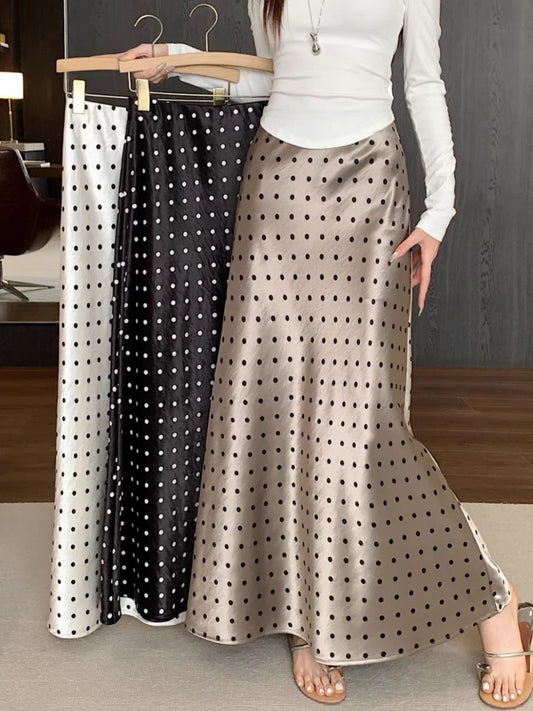 Polka Dot High Waisted Satin Maxi Skirt- The Luke
