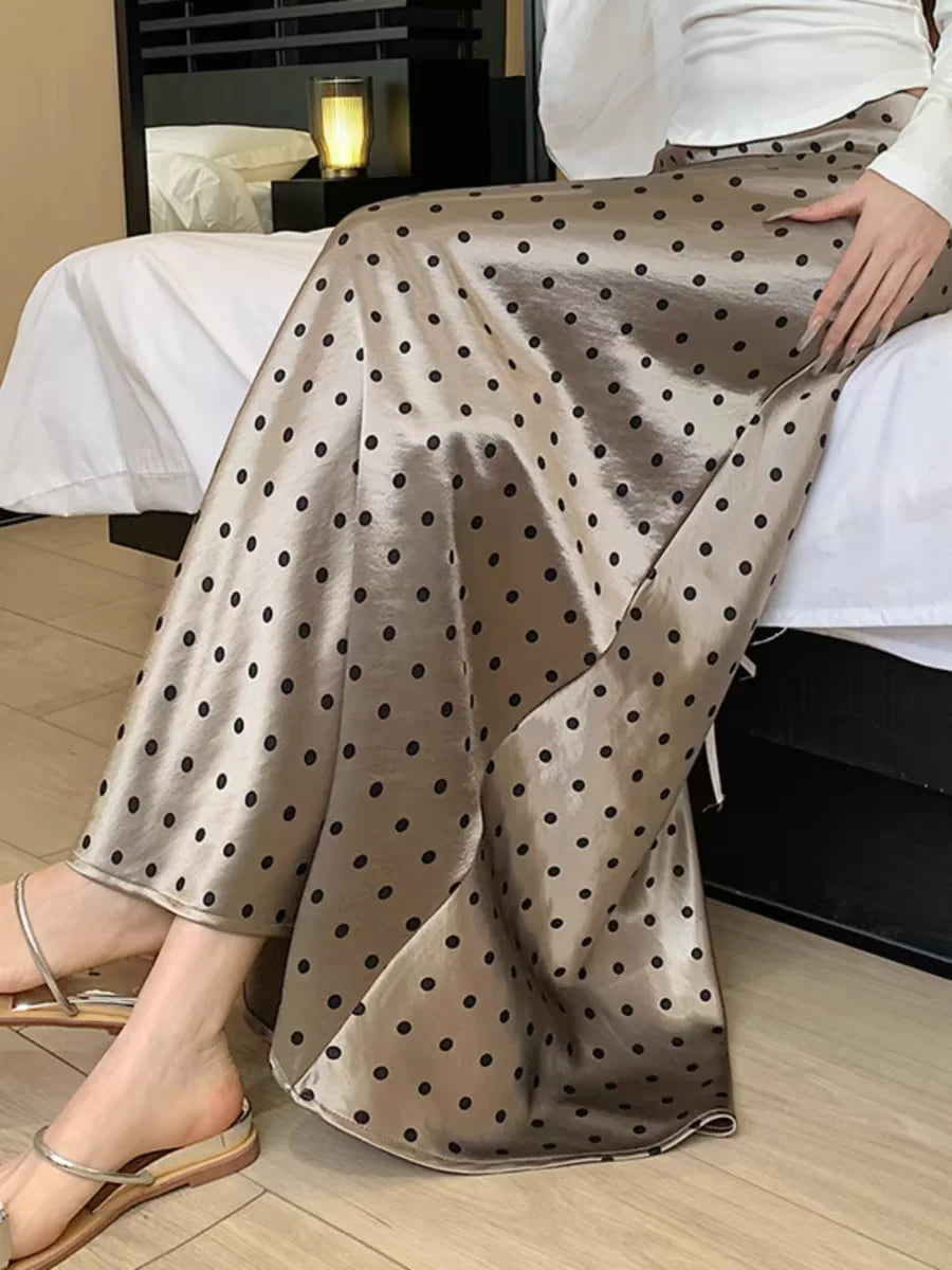 Polka Dot High Waisted Satin Maxi Skirt- The Luke