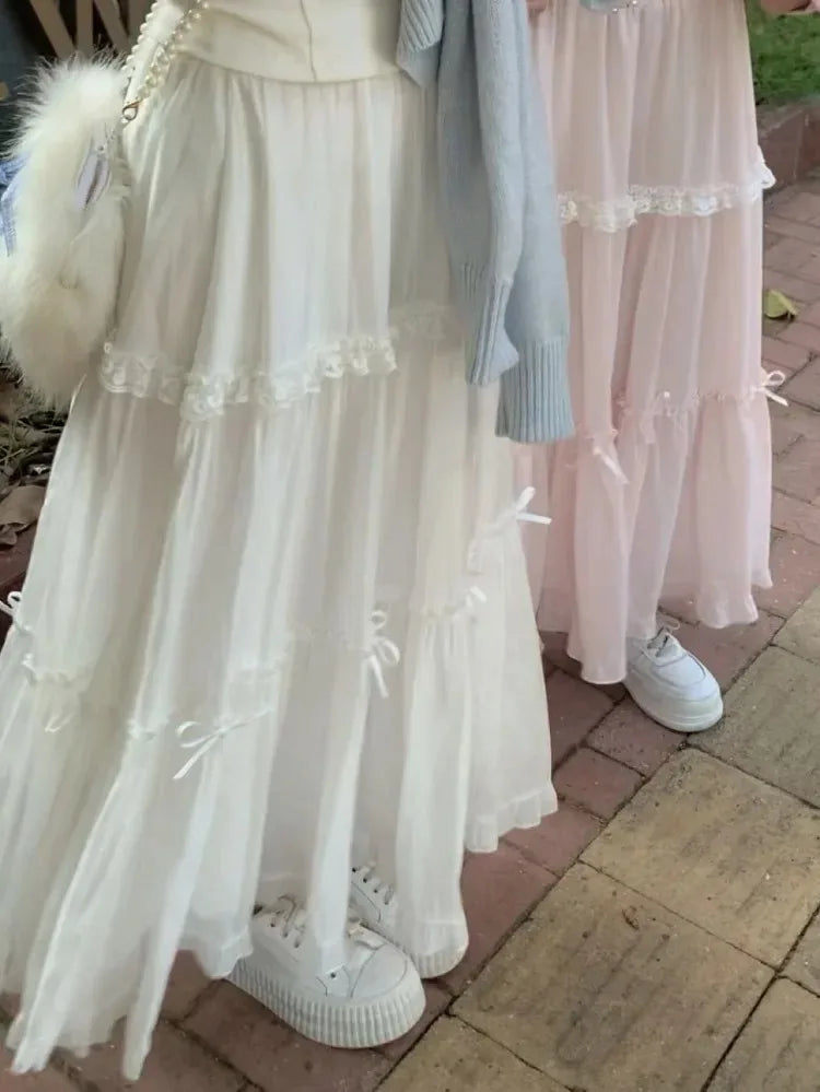 Sweet Skirts Women Bowknot Lace Patchwork Stretch High Waist Spring 2025 Fashion Elegant Long Skirt Female Casual