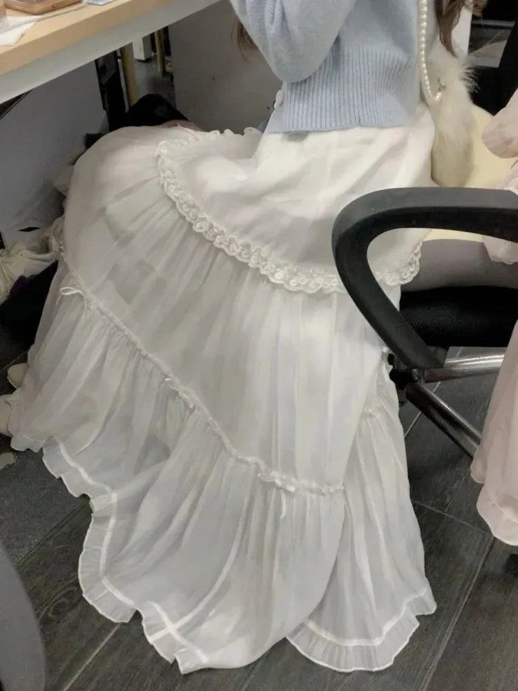 Sweet Skirts Women Bowknot Lace Patchwork Stretch High Waist Spring 2025 Fashion Elegant Long Skirt Female Casual