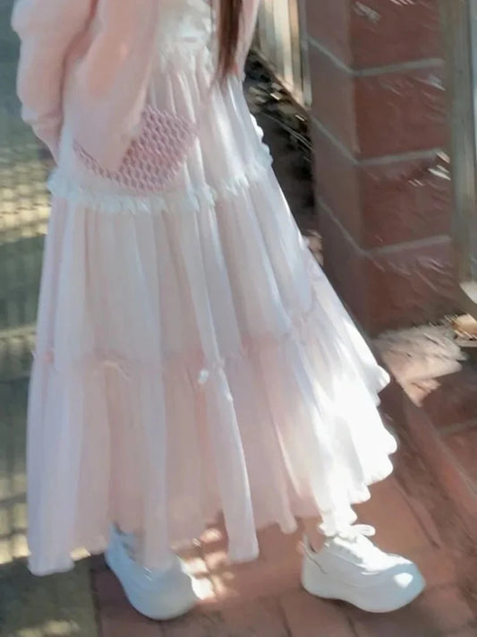 GRACE- Skirts Women Bowknot Lace Patchwork Stretch High Waist Spring Fashion Elegant Long Skirt Female Casual