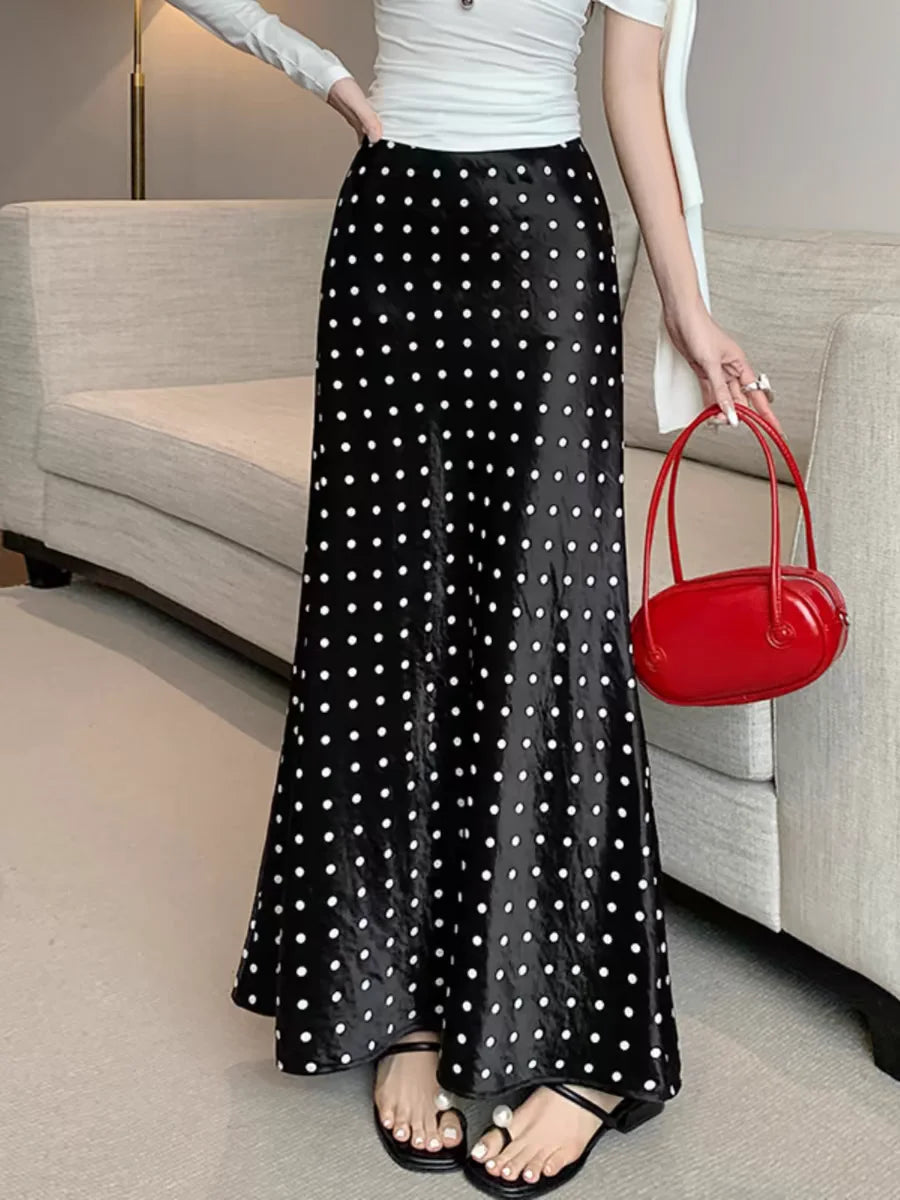 Polka Dot High Waisted Satin Maxi Skirt- The Luke