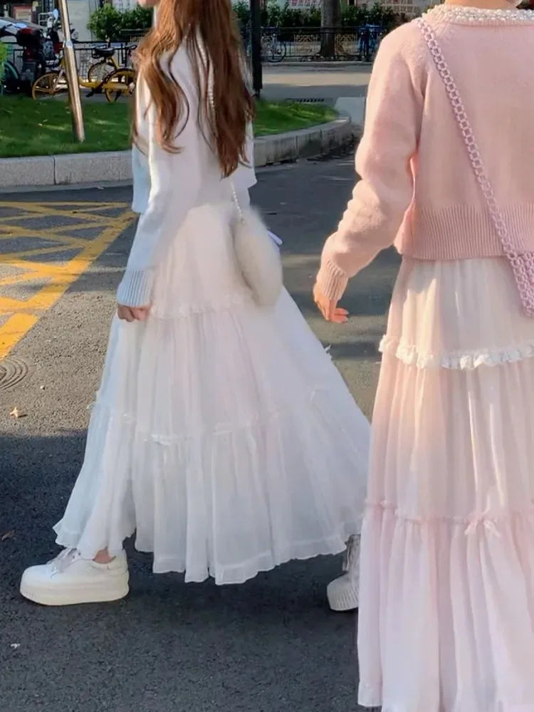 Sweet Skirts Women Bowknot Lace Patchwork Stretch High Waist Spring 2025 Fashion Elegant Long Skirt Female Casual